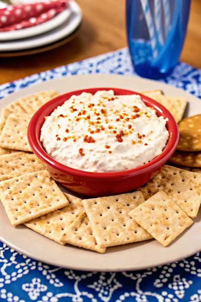 A Pinterest style image of Alabama Firecracker Dip on a white plate.