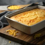 A close-up shot for Jiffy Corn Casserole with visible orange internal marbling, with precise details on wooden surface with gray dramatic lighting