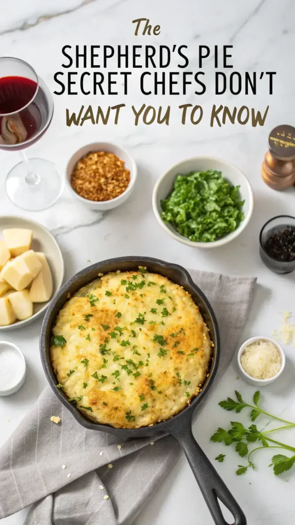 Pinterest-style flat lay of perfect golden Shepherd's Pie with ingredients showing moisture control techniques