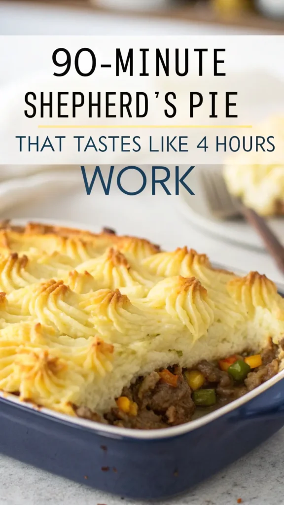 Pinterest-style close-up shot of perfect golden Shepherd's Pie with ingredients showing