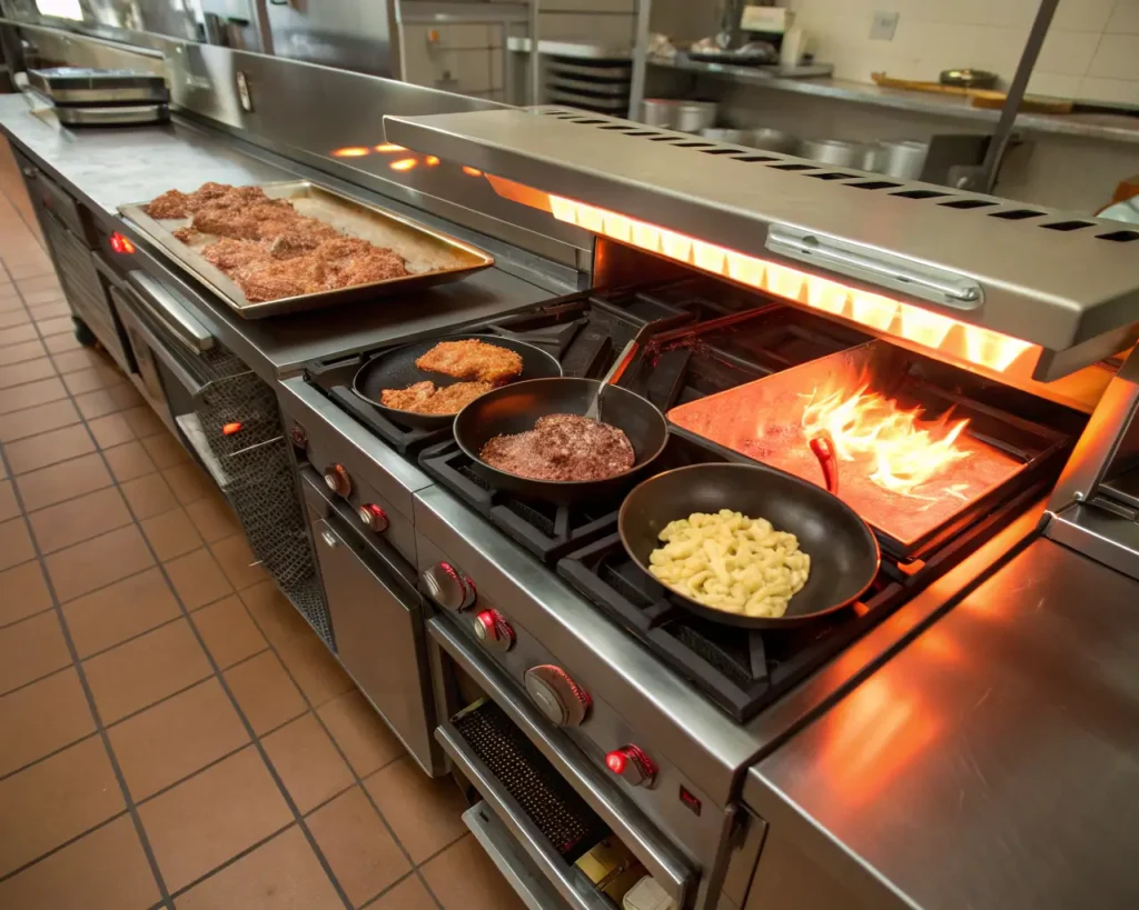 Organized kitchen workspace showing assembly line approach for efficient Shepherd's Pie preparation