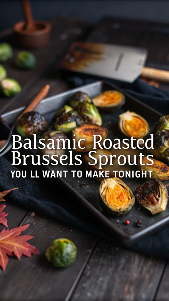 A Pinterest style image of Balsamic Roasted Brussels Sprouts with visible orange internal marbling, with precise details on dark wooden surface with dramatic lighting