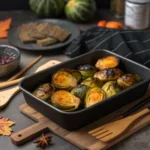 Balsamic Roasted Brussels Sprouts with visible orange internal marbling, with precise details on wooden surface with gray dramatic lighting