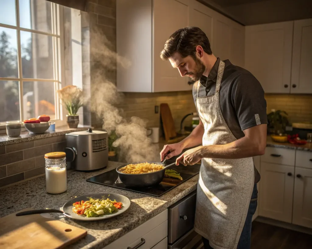 Home cook efficiently preparing Shepherd's Pie using one-pan technique and simultaneous cooking methods in modern kitchen