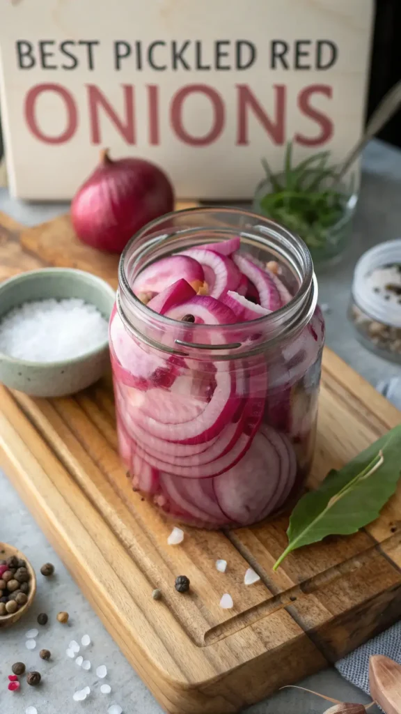 A Pinterest style image of translucent magenta pickled red onions in a clear glass jar on a rustic wooden board
