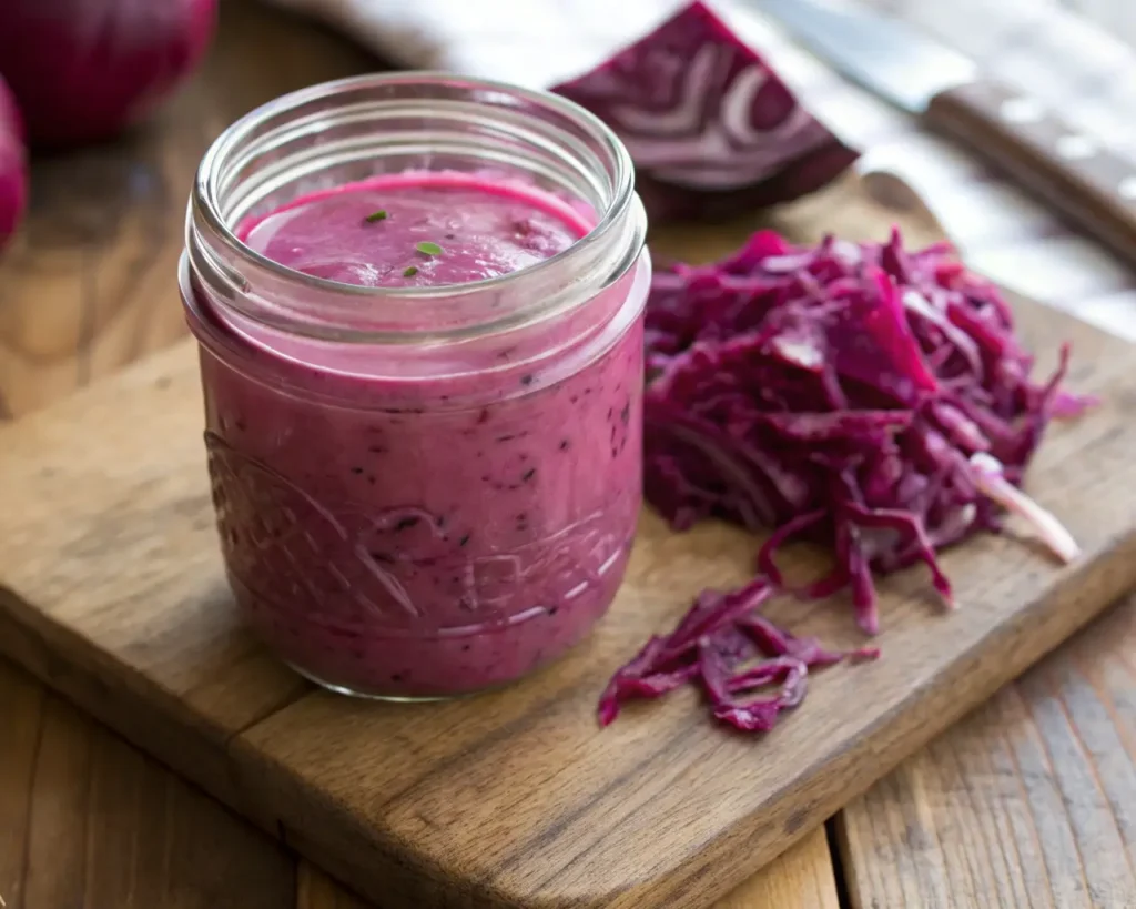 Homemade Coleslaw Dressing in a clear glass jar on a rustic wooden board