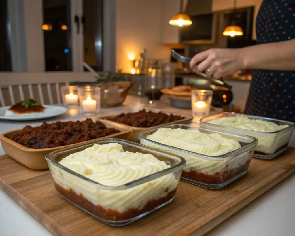 Make-ahead Shepherd's Pie components stored in glass containers for quick weeknight dinner preparation