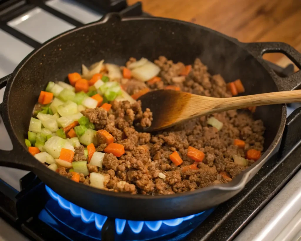 One-pan Shepherd's Pie cooking method showing browned meat and caramelizing vegetables in cast iron Dutch oven
