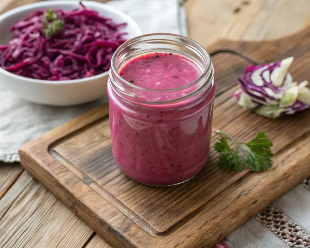 homemade coleslaw dressing in a clear glass jar on a rustic wooden board