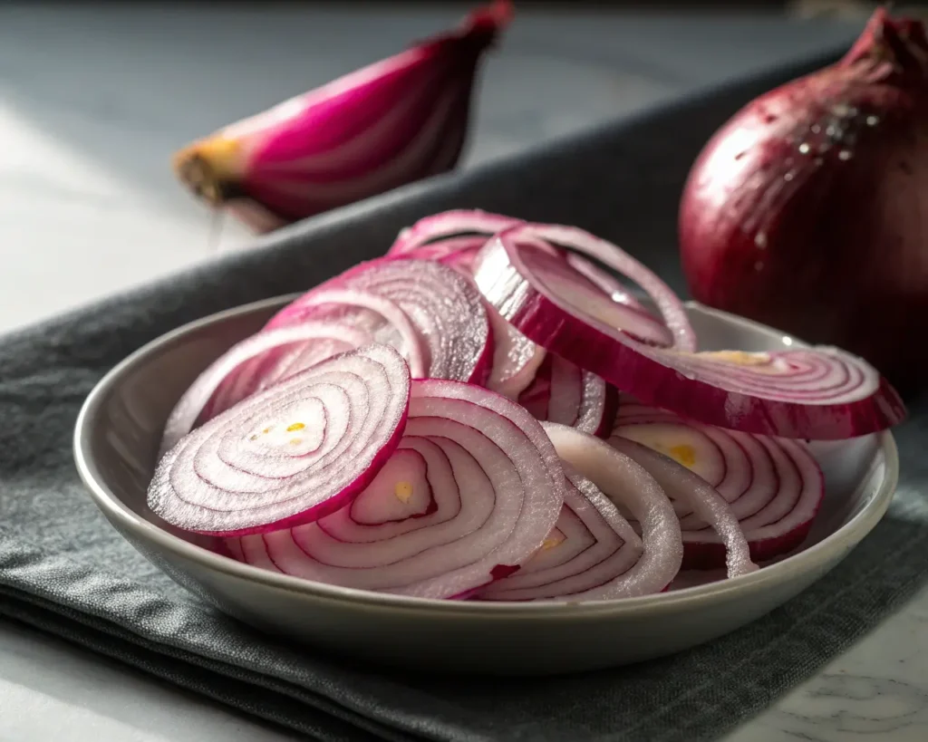 Pickled Red Onions on a ceramic bowl