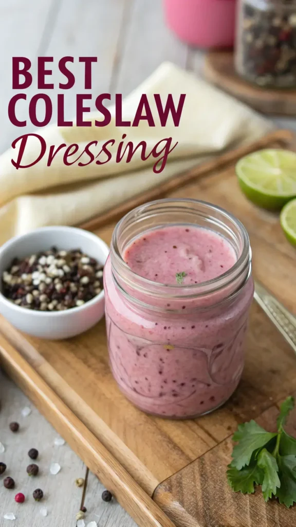 pinterest style image of coleslaw dressing in a clear glass jar on a rustic wooden board