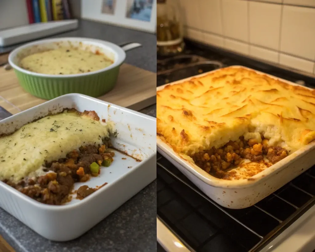 Before and after comparison showing transformation from soggy failed Shepherd's Pie to perfect golden success