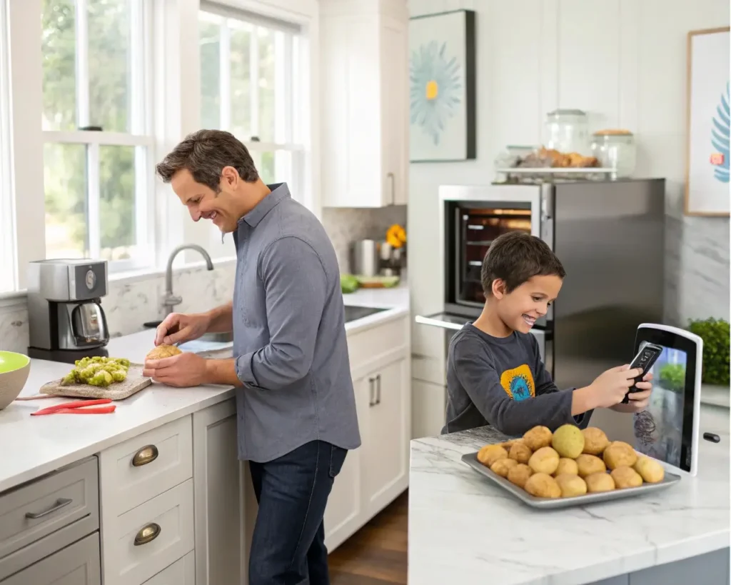 Busy parent using time-saving microwave technique for faster Shepherd's Pie potato preparation