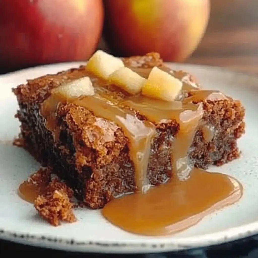 A plate of homemade Apple Brownies topped with walnuts and fresh apple slices