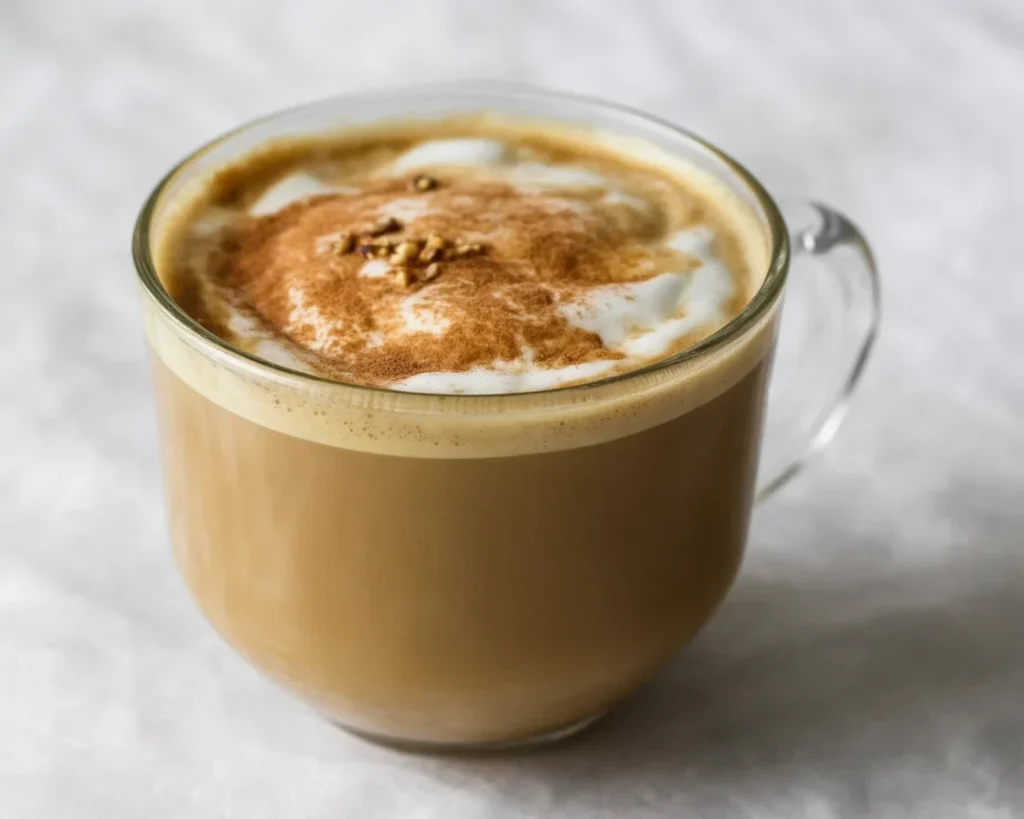 A cozy cup of Banana Bread Chai Latte topped with spices and a creamy finish.