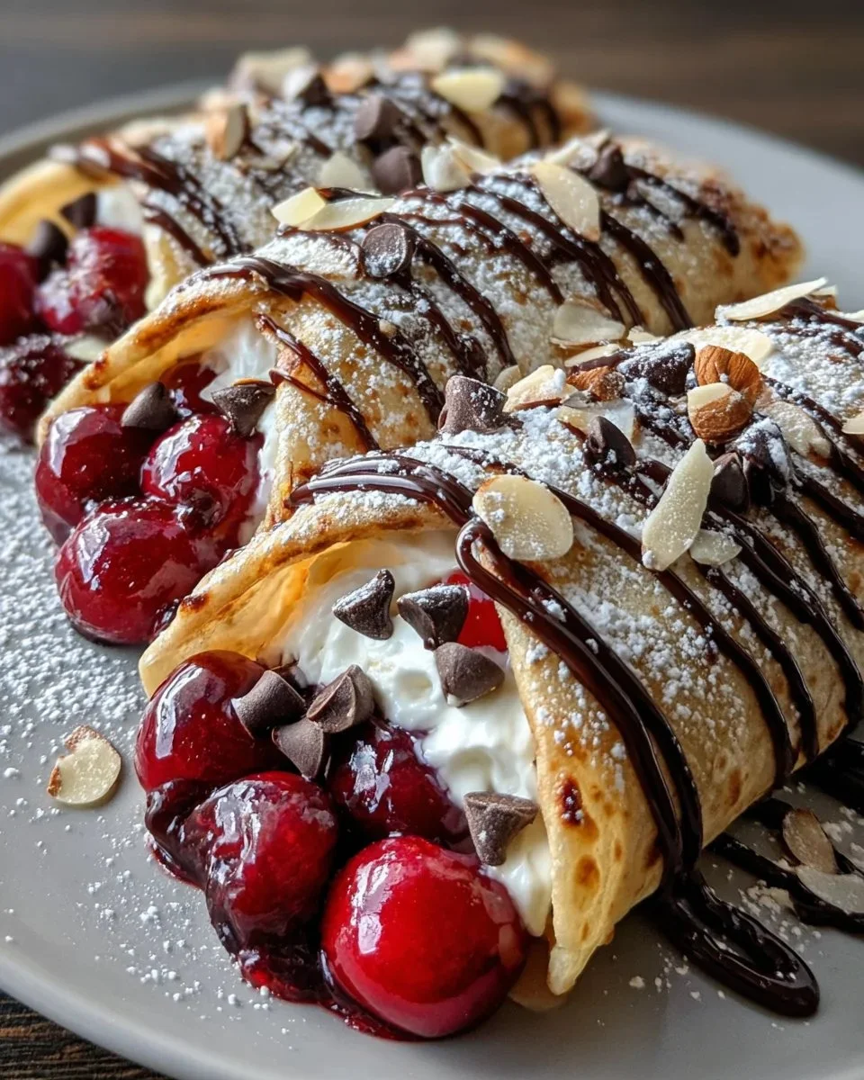 Cherry chocolate drizzle wraps topped with melted chocolate and fresh cherries.