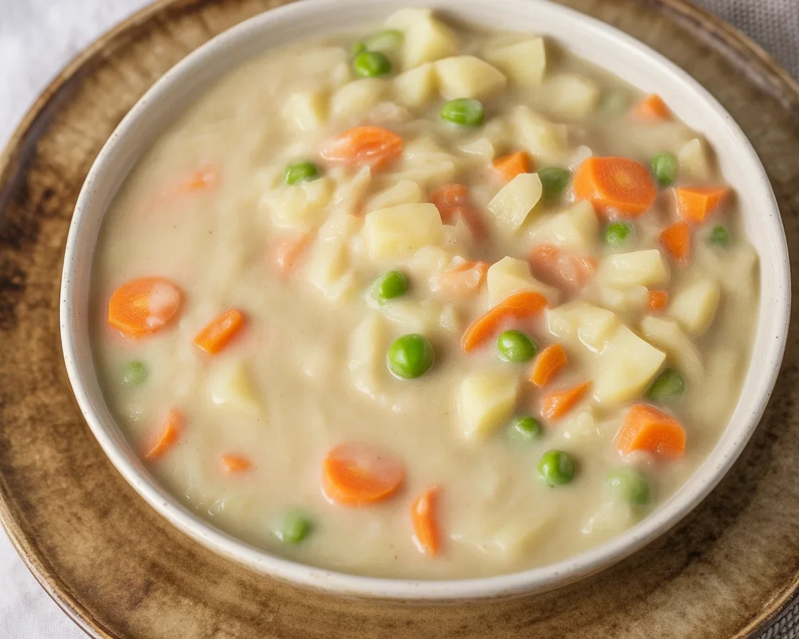 Creamy Veggie Pot Pie Soup filled with vegetables and herbs in a cozy bowl.