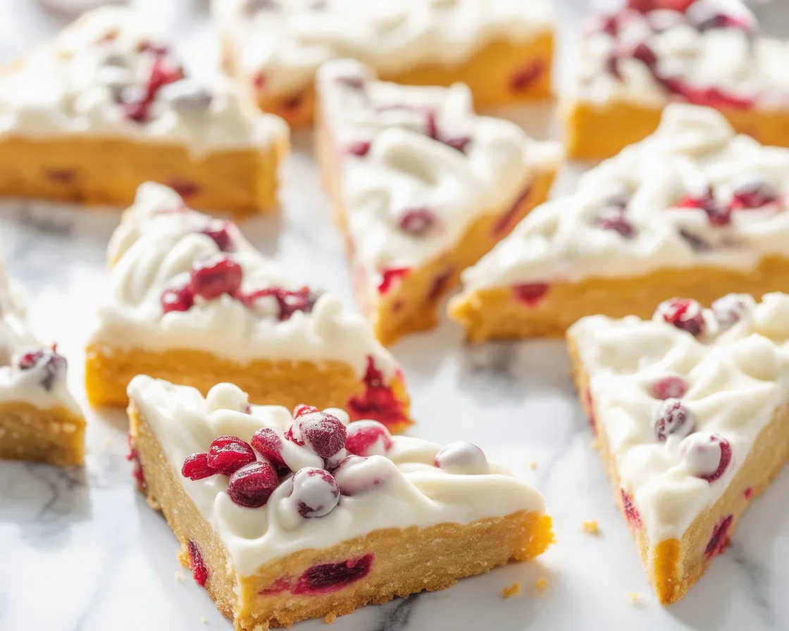 Homemade Cranberry Bliss Bars topped with white chocolate and cream cheese frosting.
