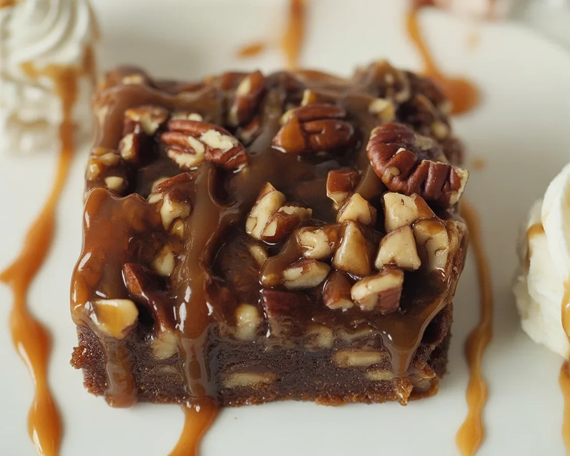 Delicious caramel pecan brownies topped with crunchy pecans and gooey caramel.