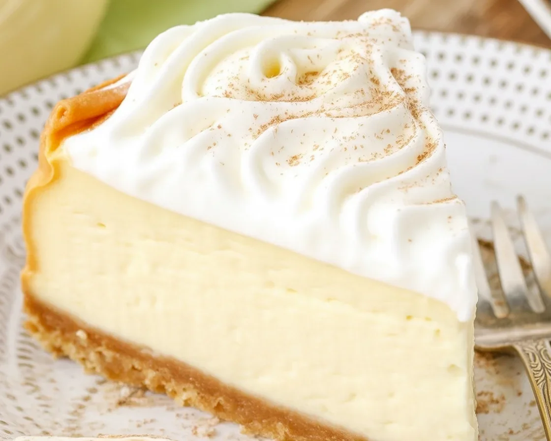 Delicious Eggnog Cheesecake topped with eggnog whipped cream and nutmeg.