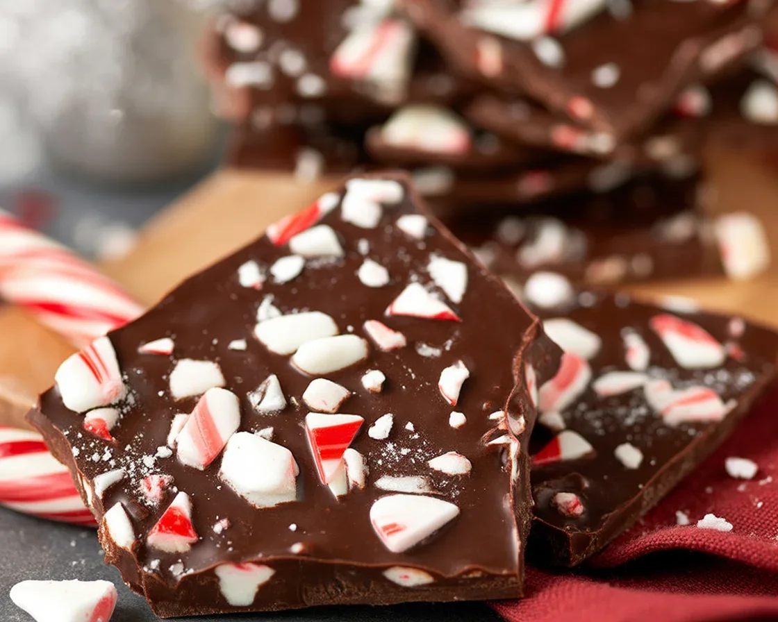Delicious Chocolate Peppermint Bark with layers of chocolate and crushed candy canes.