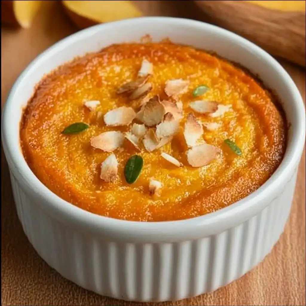 Served French style sweet potato soufflé in a dish, showcasing its fluffy texture.