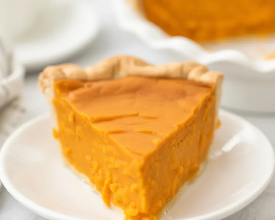 Delicious slice of homemade Sweet Potato Pie with creamy filling and golden crust.