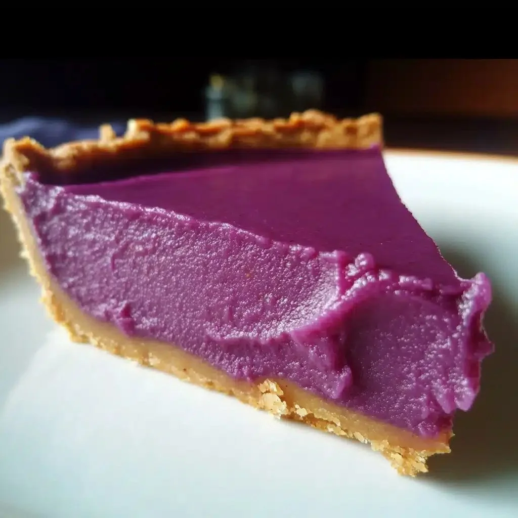 Slice of purple sweet potato pie on a plate with whipped cream