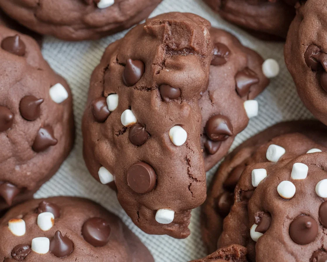 Delicious Hot Cocoa Cookies topped with marshmallows and chocolate drizzle.