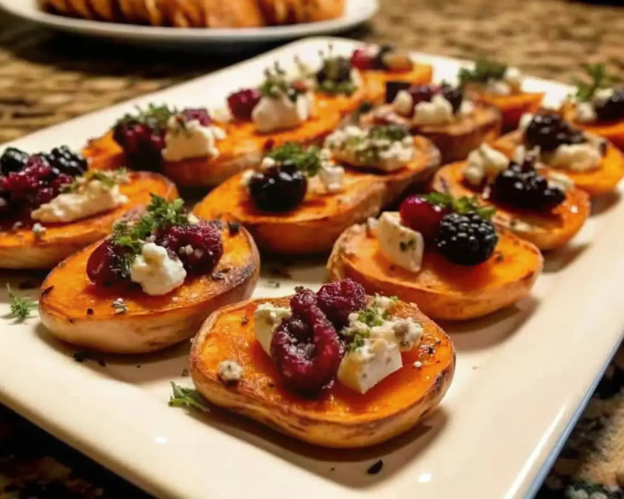 sweet potato rounds with goat cheese and cranberry balsamic glaze