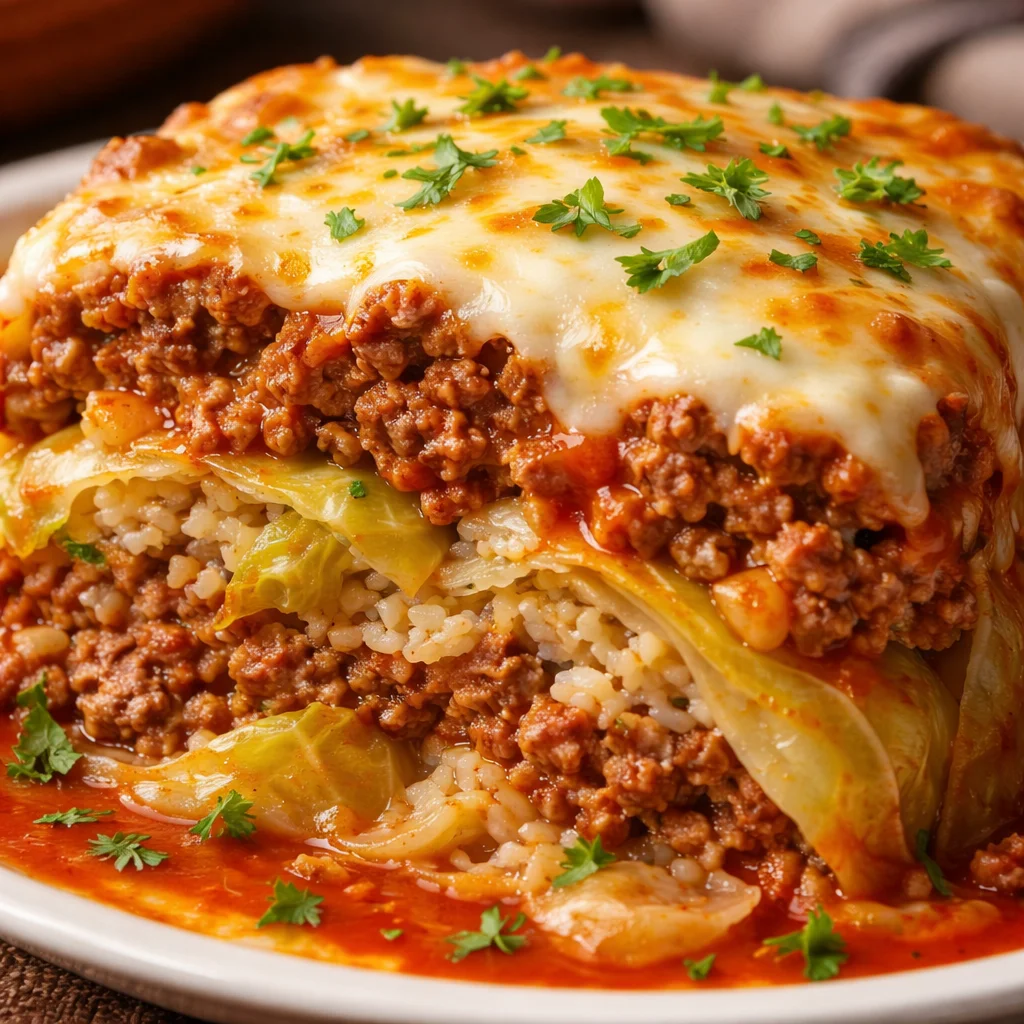 Quick stuffed cabbage roll casserole with ground beef close-up shot on a white plate