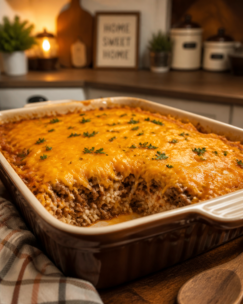 Cheesy ground beef and rice casserole