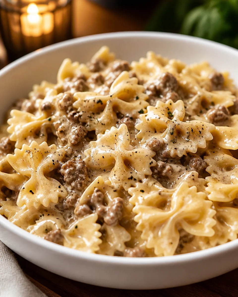 Creamy beef and bowtie pasta