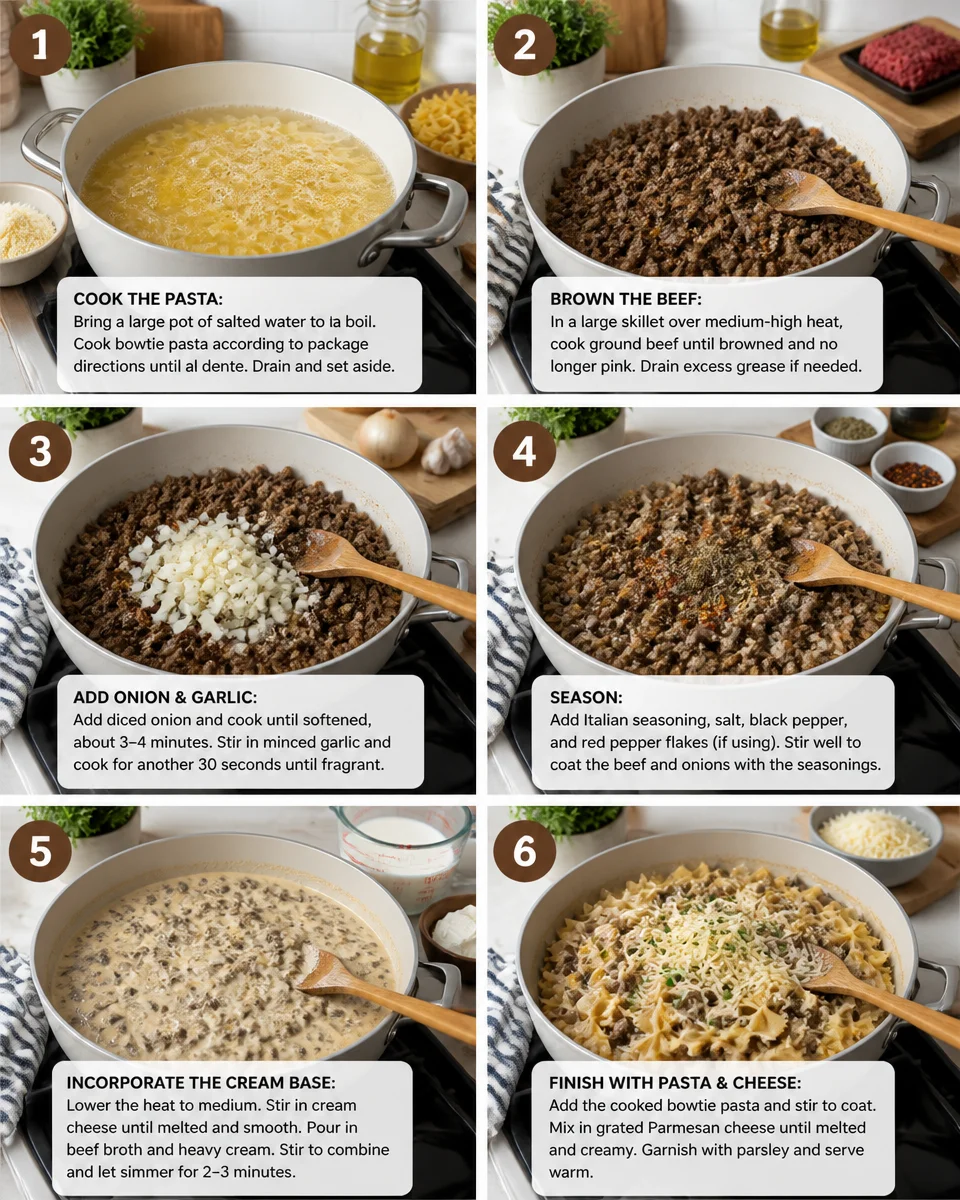 Creamy beef and bowtie pasta