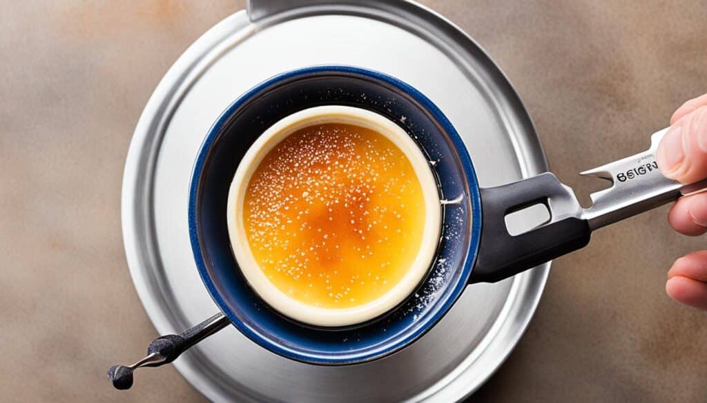 Caramelizing sugar on crème brûlée with culinary torch
