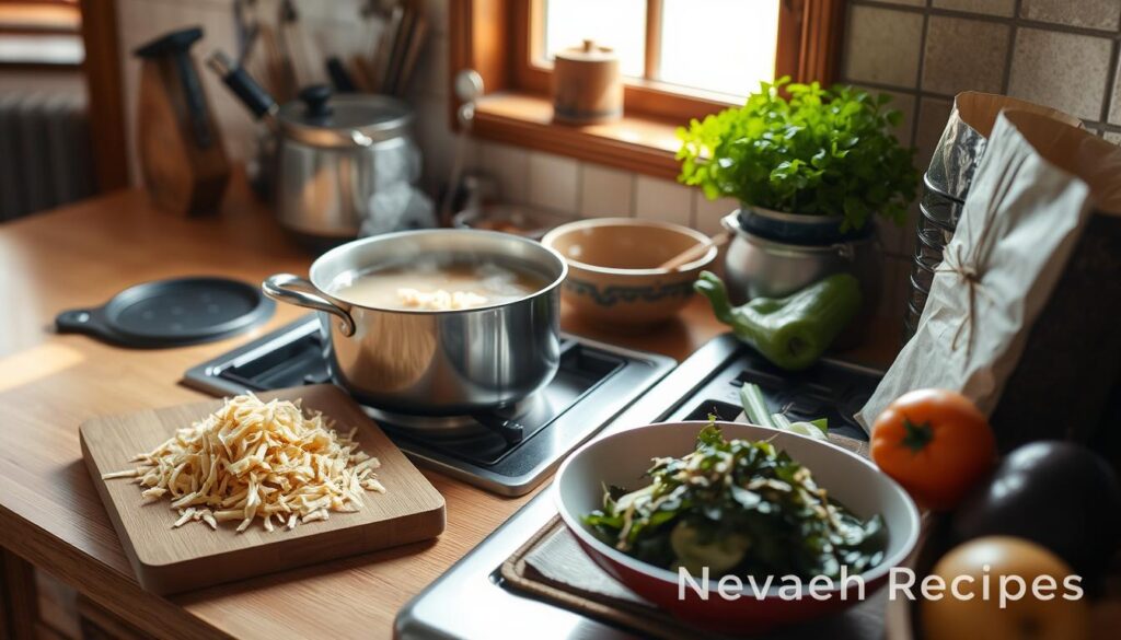 Preparing homemade dashi for soba broth