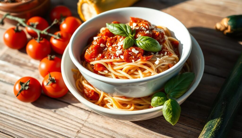 Soba noodle spaghetti with roasted tomato sauce