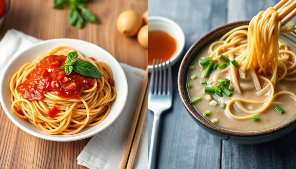 Soba noodles and spaghetti comparison
