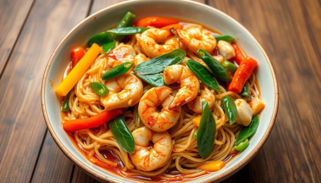 stir-fried noodles with vegetables and protein