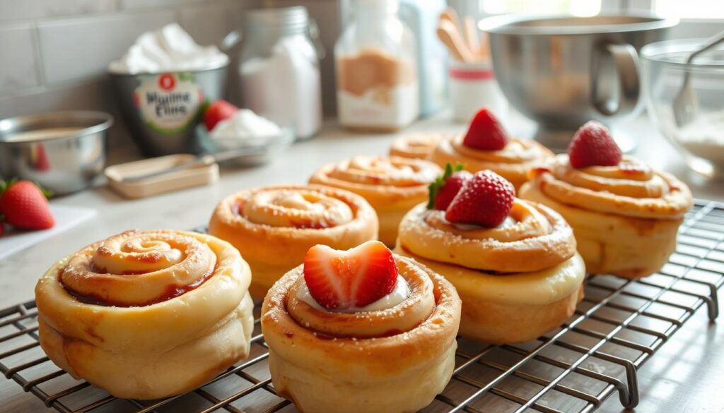 Baking strawberry cheesecake cinnamon rolls
