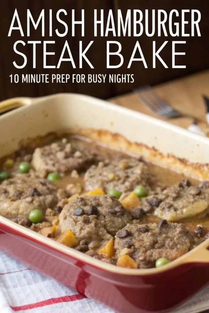 a vertical Pinterest-style food image featuring a delicious Amish hamburger steak bake.