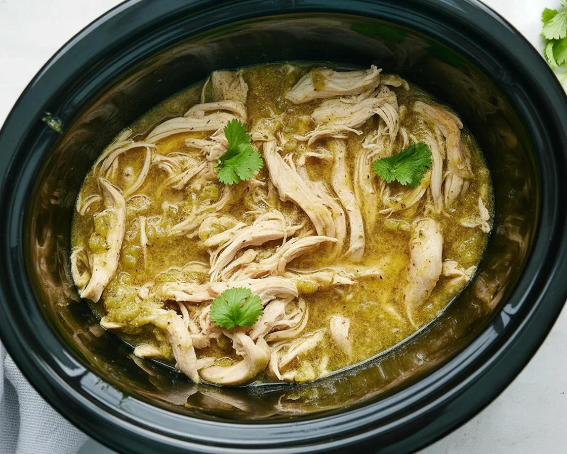 Delicious Crockpot Salsa Verde Chicken served in a bowl with toppings.