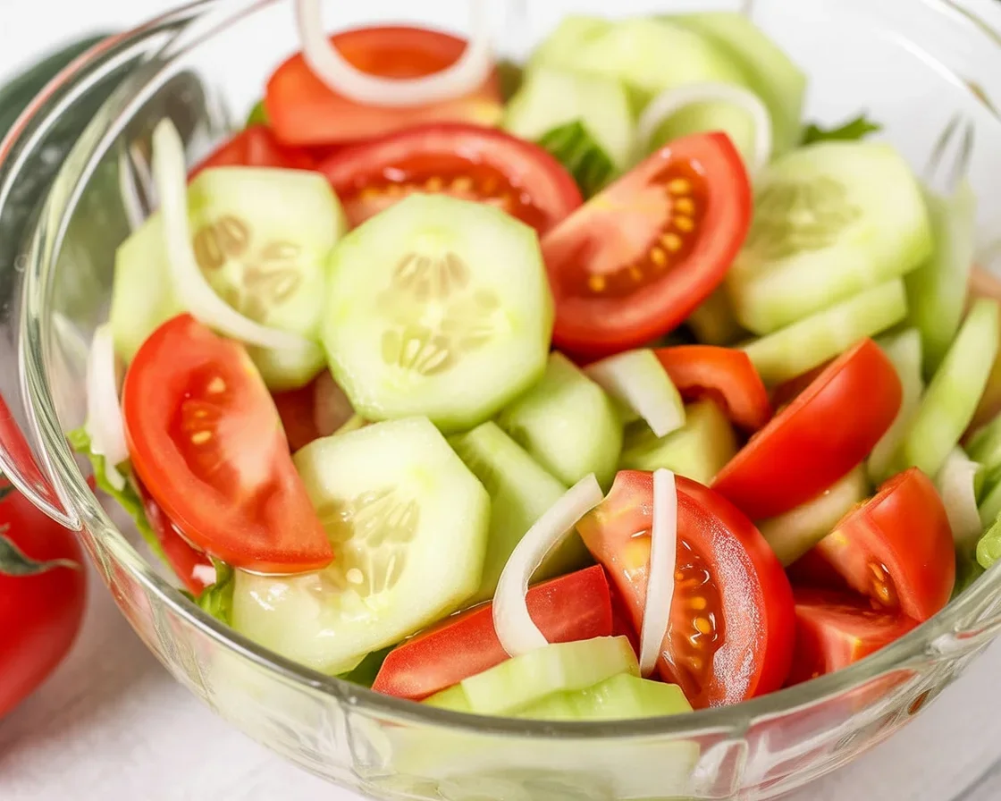 Delicious Marinated Cucumbers, Onions, and Tomatoes salad in a bowl.