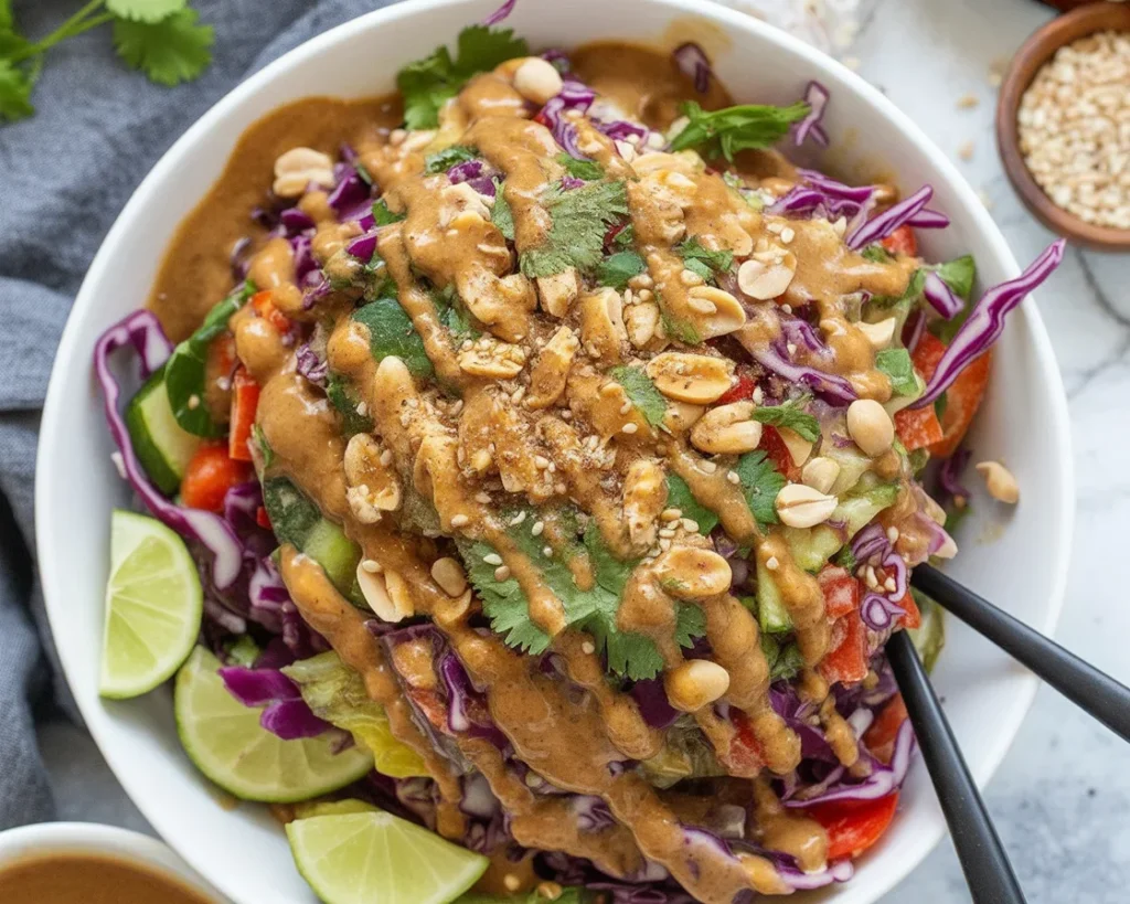 Colorful Rainbow Quinoa Salad with fresh veggies and peanut dressing