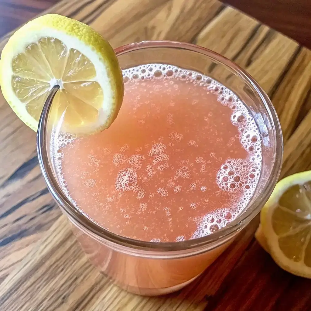 A glass of Pink Salt Trick with Lemon on the top 