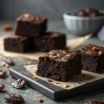 A close-up shot for Healthy Date Brownies, with gray dramatic lighting