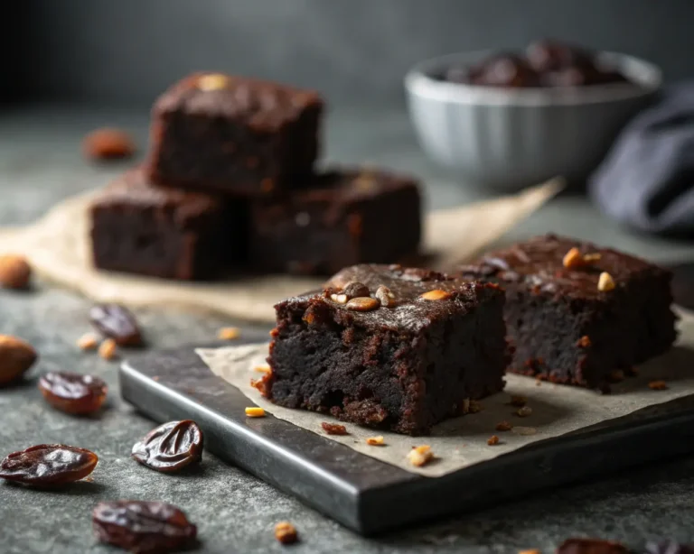A close-up shot for Healthy Date Brownies, with gray dramatic lighting