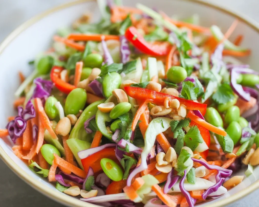Bowl of Asian Peanut Slaw with colorful shredded cabbage and creamy dressing.