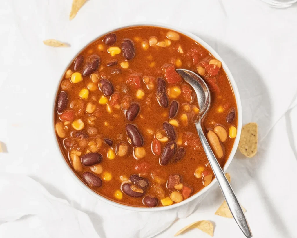 A bowl of delicious Beginner Friendly Vegetarian Chili topped with fresh herbs.