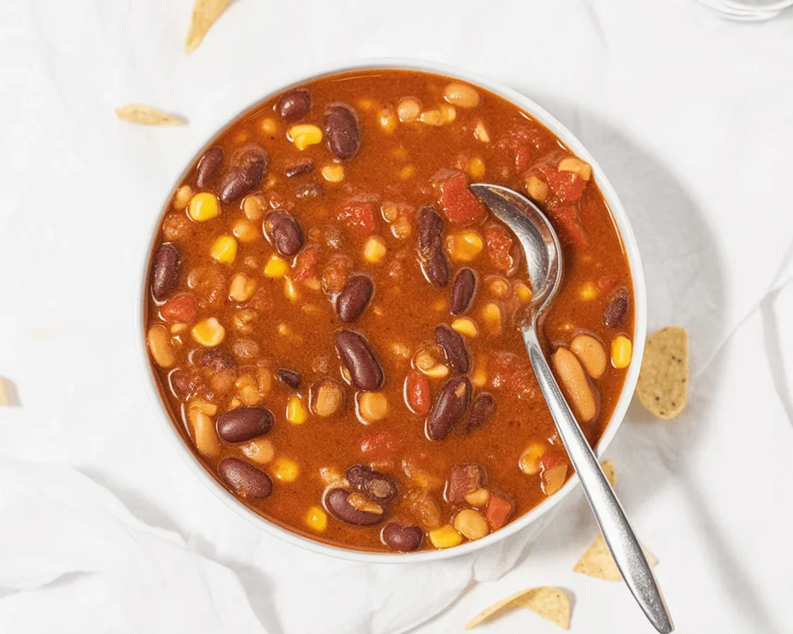 A bowl of delicious Beginner Friendly Vegetarian Chili topped with fresh herbs.